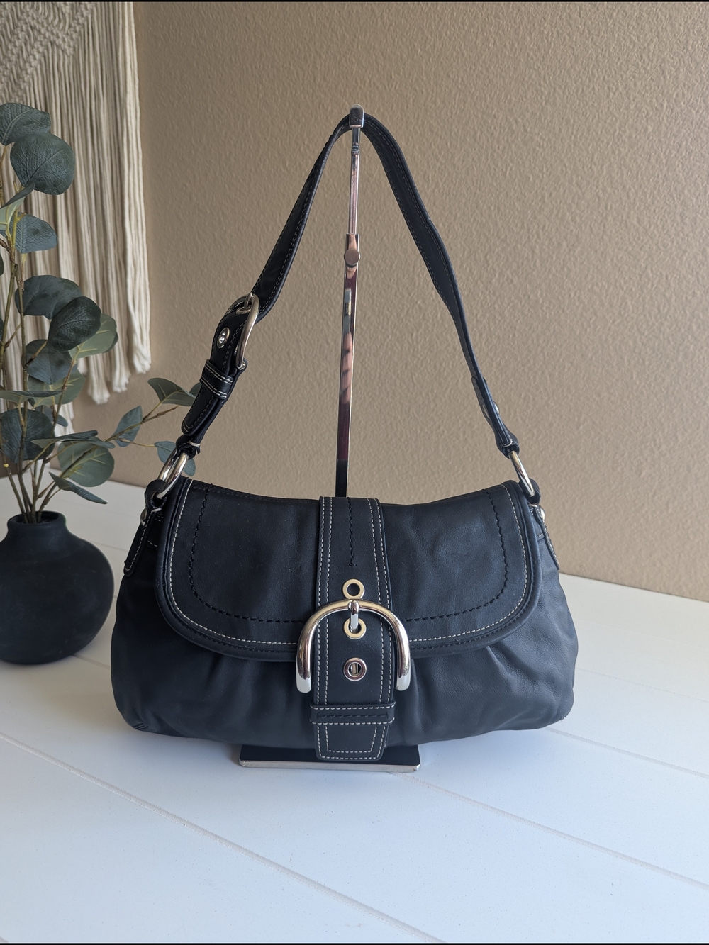 Coach Black Leather Shoulder Bag with Buckle Accent